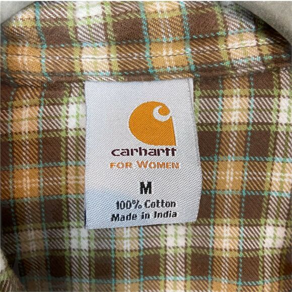 Carhartt Shirt Brush Popper Women's Tan Brown Plaid Long Sleeves Collared Size M - Picture 4 of 13